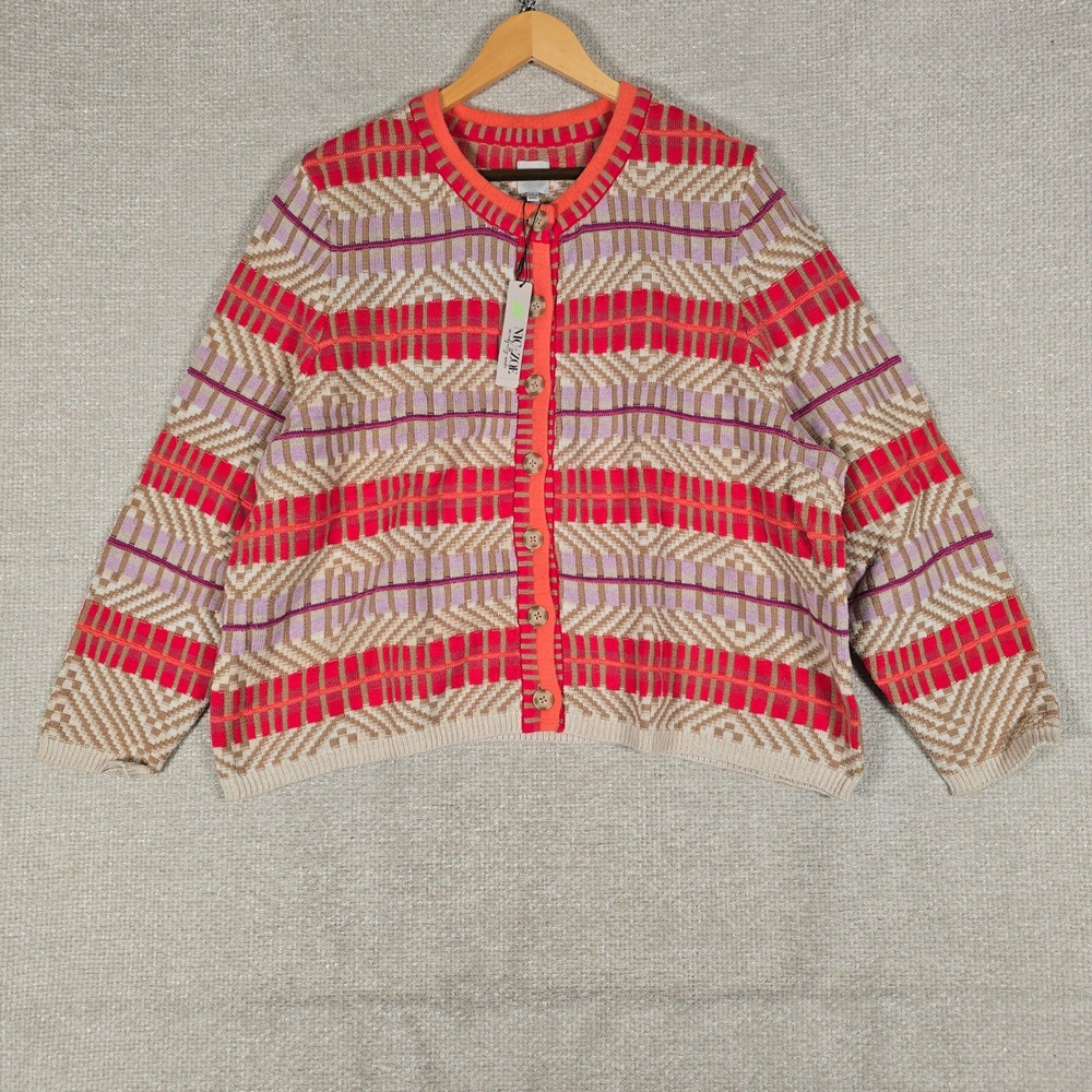 Nic+Zoe Womens XXL Red Multi Geometric Intarsia Button Cardigan Sweater